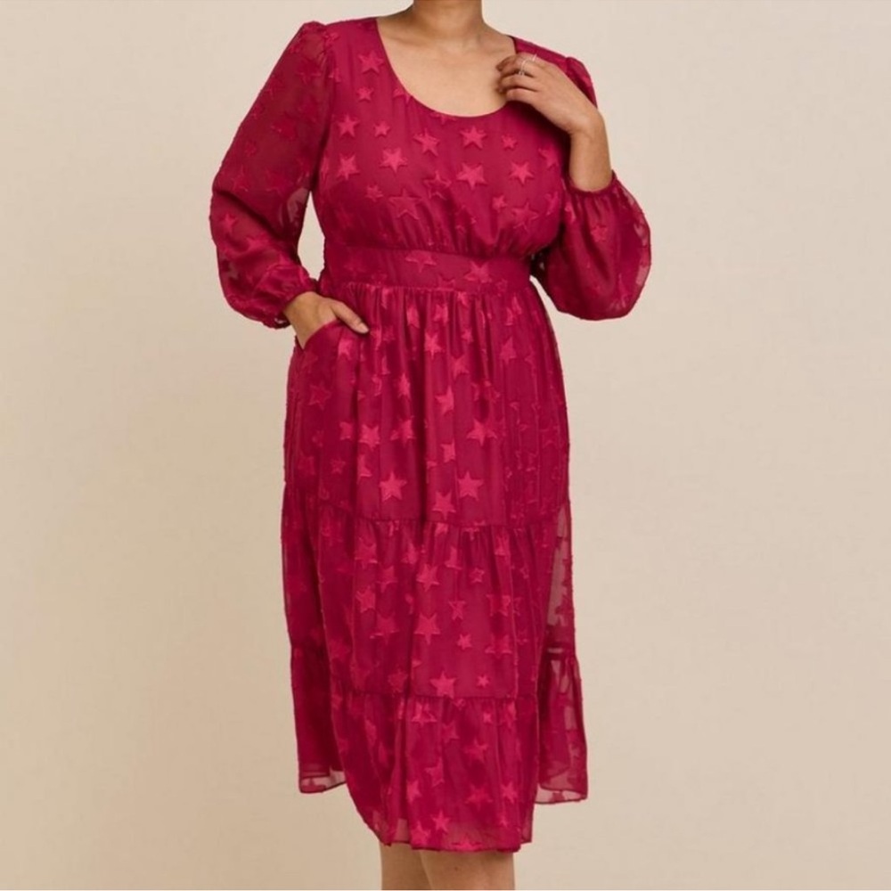 Burgundy Star Print Tiered Chiffon Midi Dress, Pockets, Plus Size 3X